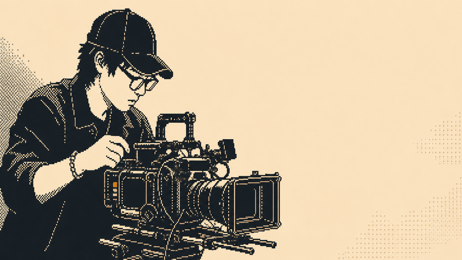 Pixel-style portrait of Bai Ziye operating a cinema camera rig.